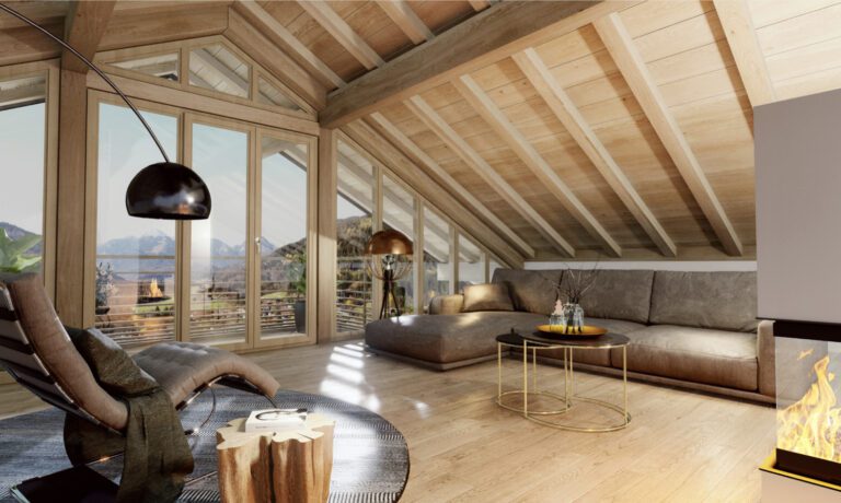 Visualisierung eines modernen Wohnhauses im alpenländischen Stil mit großem Giebeldach. Das Haus hat helle Putzfassaden, Holzverkleidungen, breite Balkone und eine große Terrasse im Erdgeschoss, auf der eine Familie sitzt, mit Blick auf die Alpen.