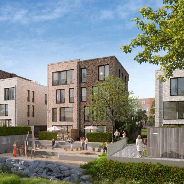 Wohnprojekt Jenfelder Au Hamburg – Moderne Mehrfamilienhäuser mit begrüntem Innenhof, Spielbereich und Aufenthaltsflächen im neuen Hamburger Stadtquartier.