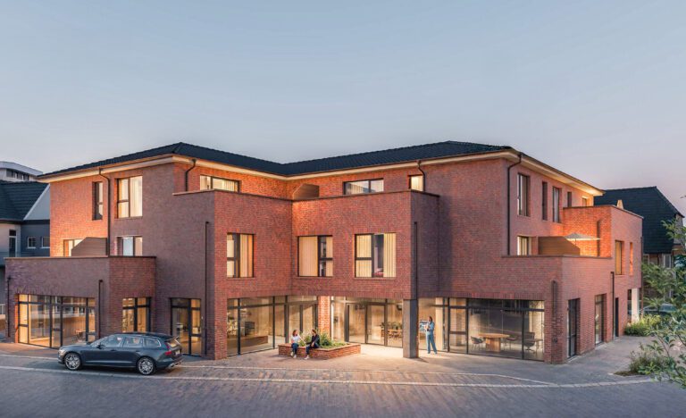 Ferienwohnungen Grömitz Ostseestrand – hochwertige Neubauanlage mit moderner Architektur, großzügigen Glasfronten und attraktiven Gewerbeeinheiten im Erdgeschoss.
